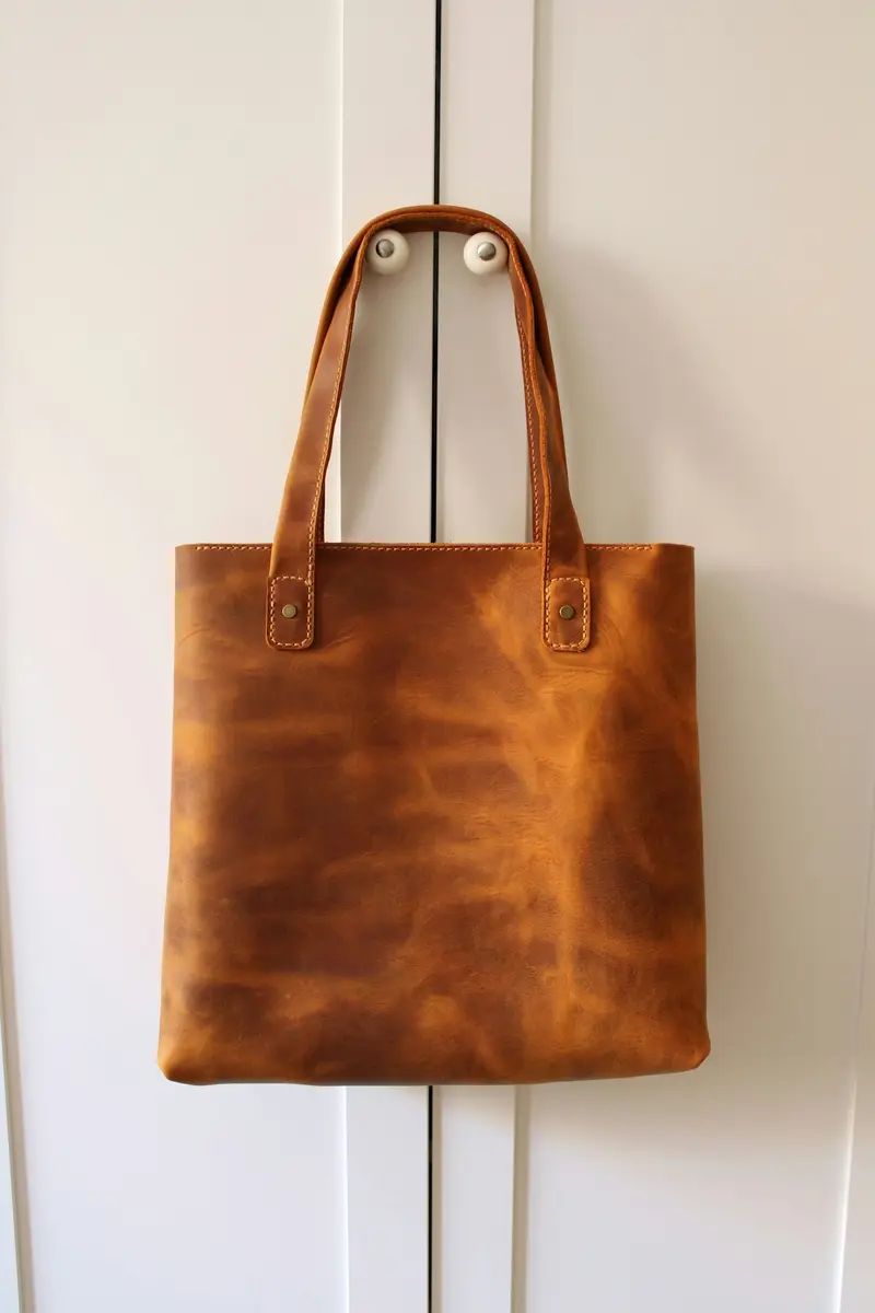 Bolsa tote de piel color camel colgada